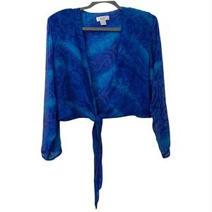 VTG Dorman 100% Silk Sheer Cropped Cardigan Medium Blue Artsy Dopamine Tie Front